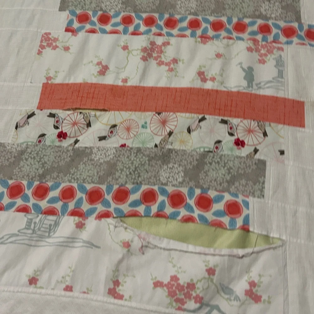GUC Modern handmade quilt in corals, pinks and greens. Nursery. Needs TLC repair